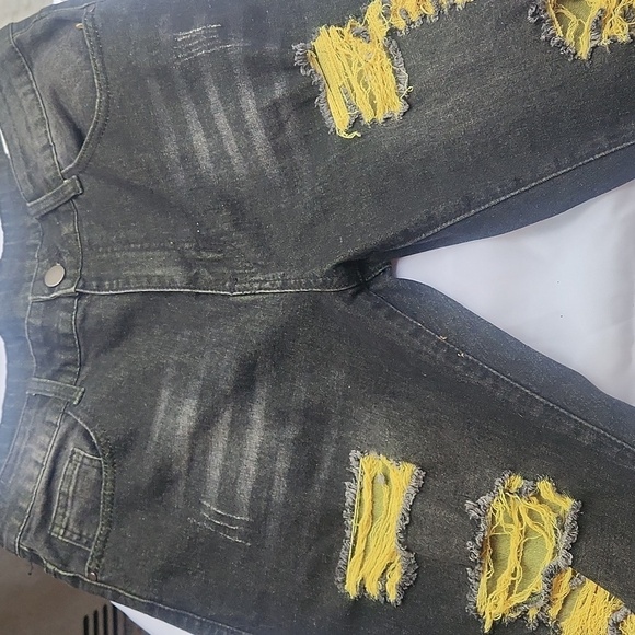 Distressed Black Jeans with Yellow Accents - Picture 2 of 5